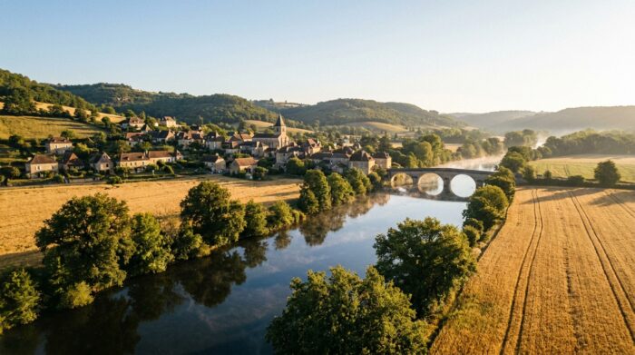 La Saône serpente à travers les champs, au pied d'un village typique de la région