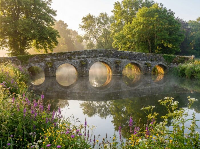 Le vieux pont en pierre et ses arches se réfléchissant dans l'eau