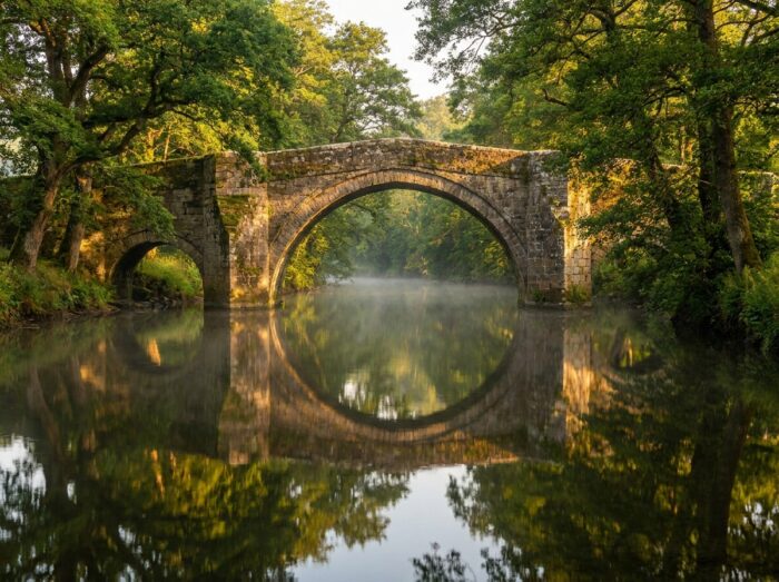 Le vieux pont en pierre se dresse majestueusement, se reflétant dans les eaux calmes de la rivière.