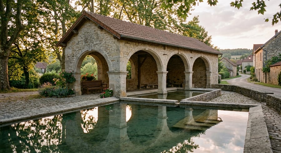 Un lavoir historique en pierres calcaires de la Haute-Saône, typique d'un village comtois