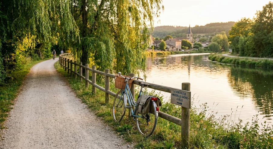 Un vélo vintage posé contre une barrière au bord de l'eau calme sur la voie bleue