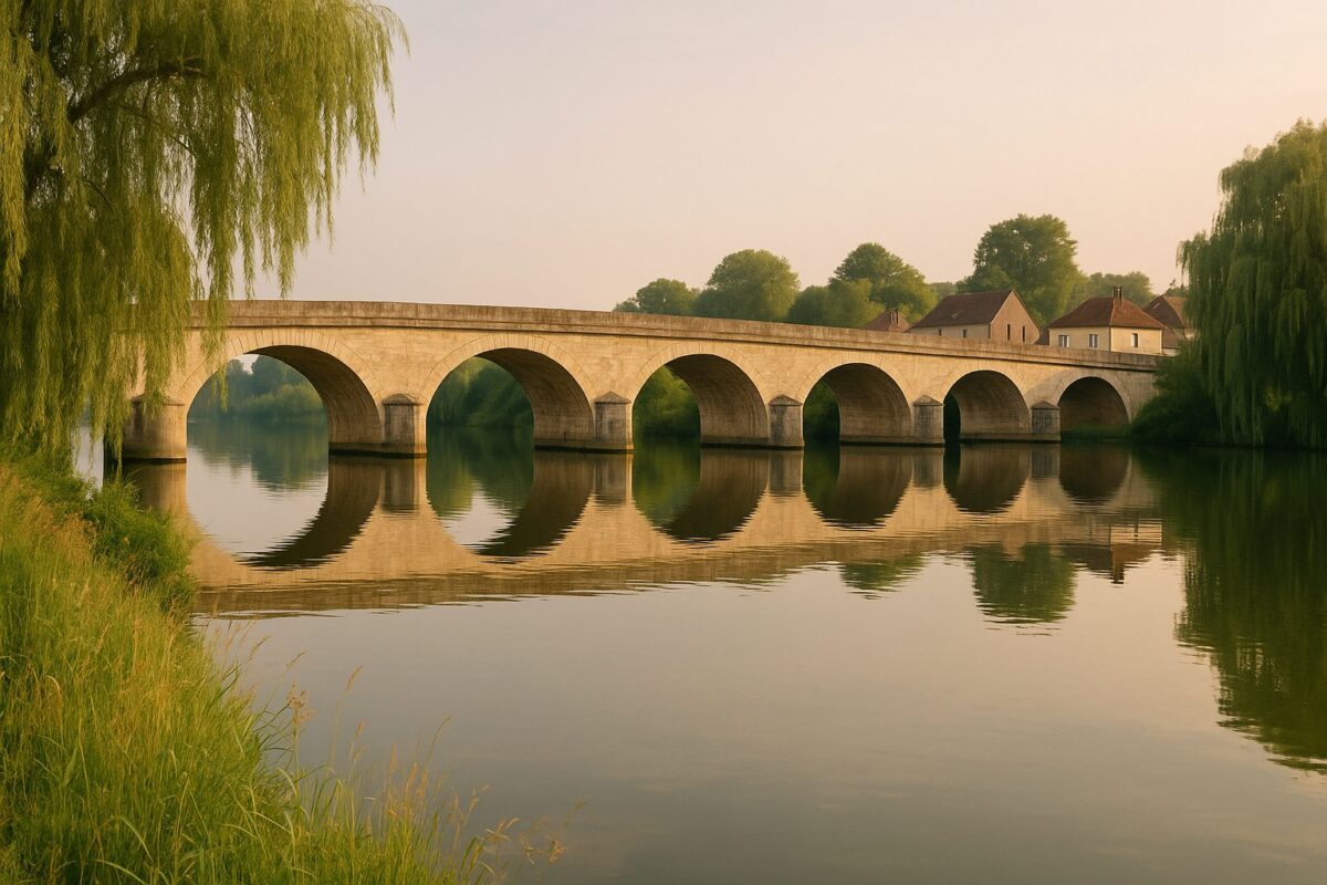 Le vieux pont de pierre et ses arches se reflétant dans la rivière