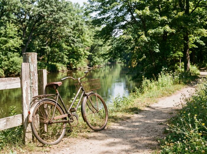 Un vélo ancien appuyé contre une barrière au bord de l'eau, sur la Voie Bleue