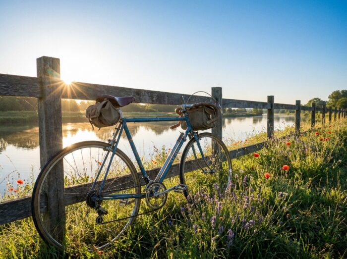 Un vélo rétro posé contre une barrière au bord de la rivière, sur la Voie Bleue